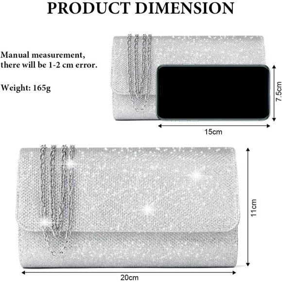 Shiny Silver Clutch Purse for Women, Evening Shoulder Bag for Wedding & Party - Picture 2 of 9